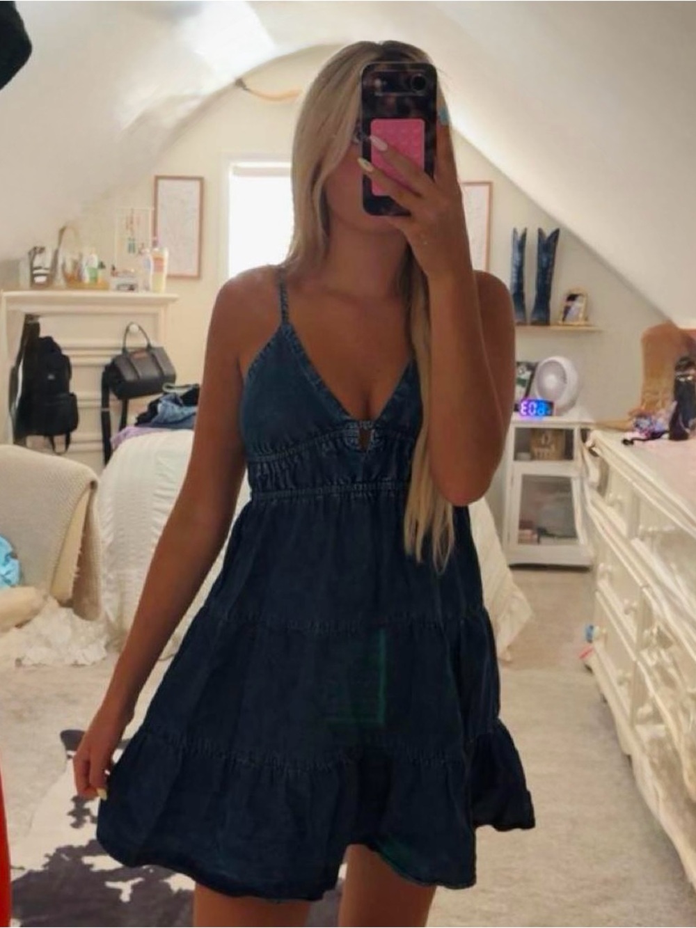 Denim Tiered Mini Dress - Navy Blue